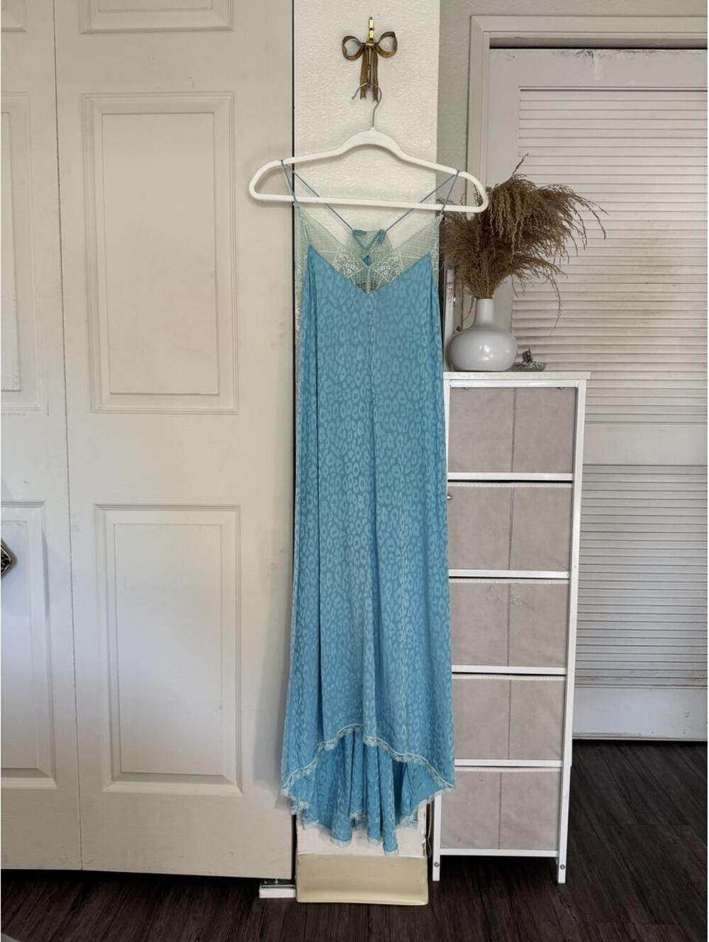 Blue lace slip dress with subtle leopard print